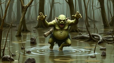 An ogre is depicted dancing in a swamp, rendered in natural earth tones like browns and beiges, with muted colors contributin