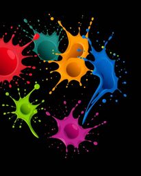 Explore a modern flat design illustration showcasing dynamic and vibrant colorful splashes against a sleek black background. 