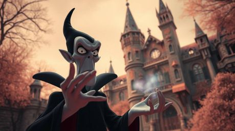 A classic Disney villain, rendered in striking surreal infrared tones, casts a spell within the walls of an ancient castle.