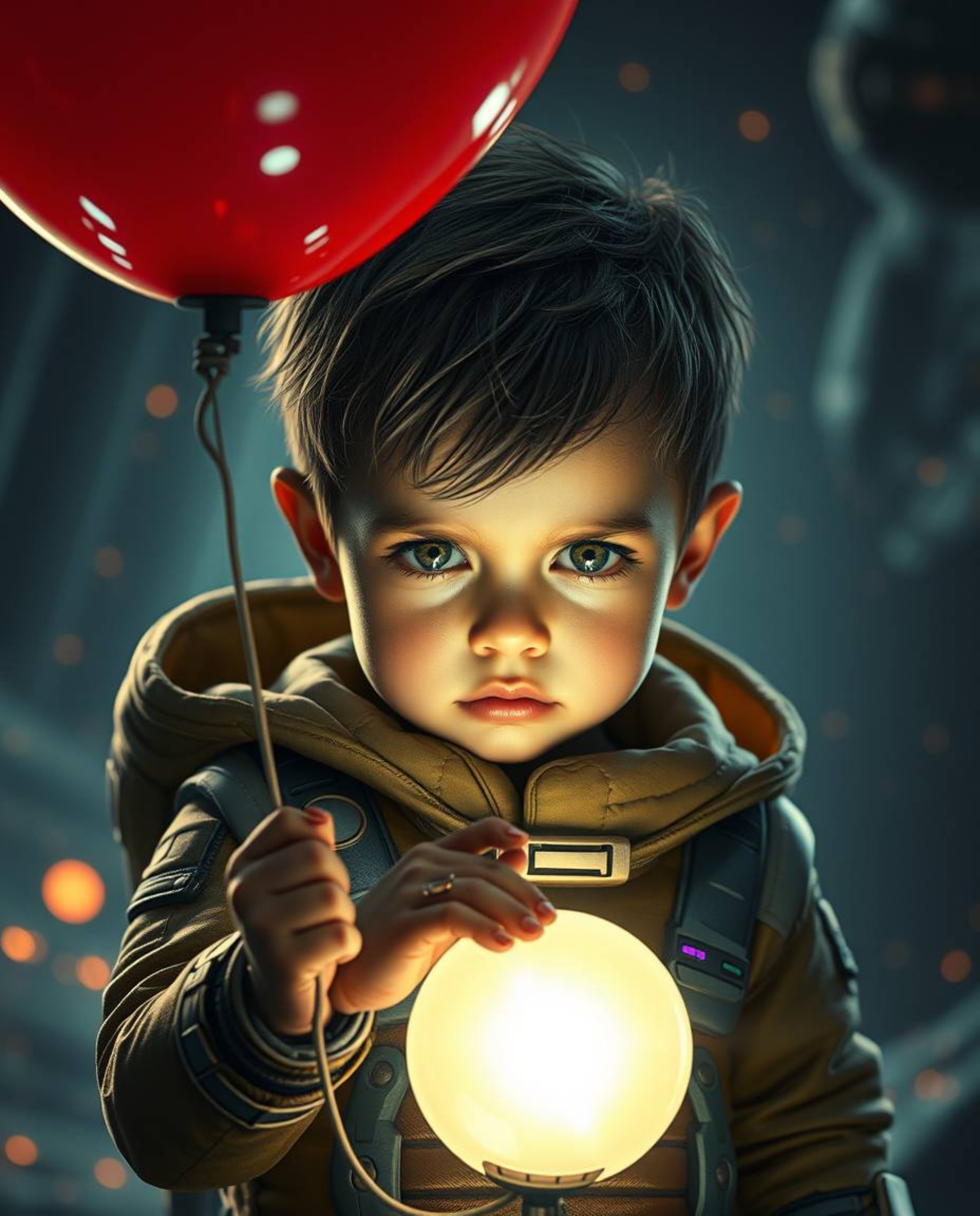 A captivating image depicting a child with a determined expression holding a luminous balloon against a backdrop of futuristi