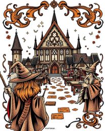 This symbolic traditional tattoo art print features a magical school bustling with young wizards. Rendered in natural earth t
