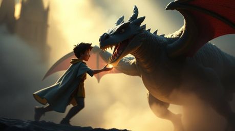 A charming prince engages in a breathtaking battle against a fearsome dragon, rendered in a captivating 1950s animation style