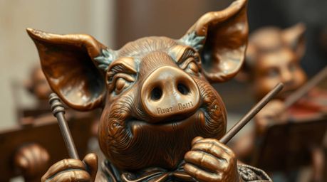This extreme close-up macro photograph captures a cast bronze pig character enthusiastically conducting an orchestra. The ima