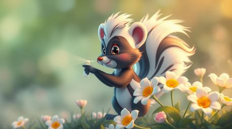 A charming cartoon skunk playfully sprays perfume on delicate flowers, bathed in soft pastel colors and volumetric lighting. 
