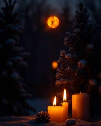 A photograph depicts a warm, candlelit scene where intense, jet-black sunset light sparkles on snowy pine trees. The image is
