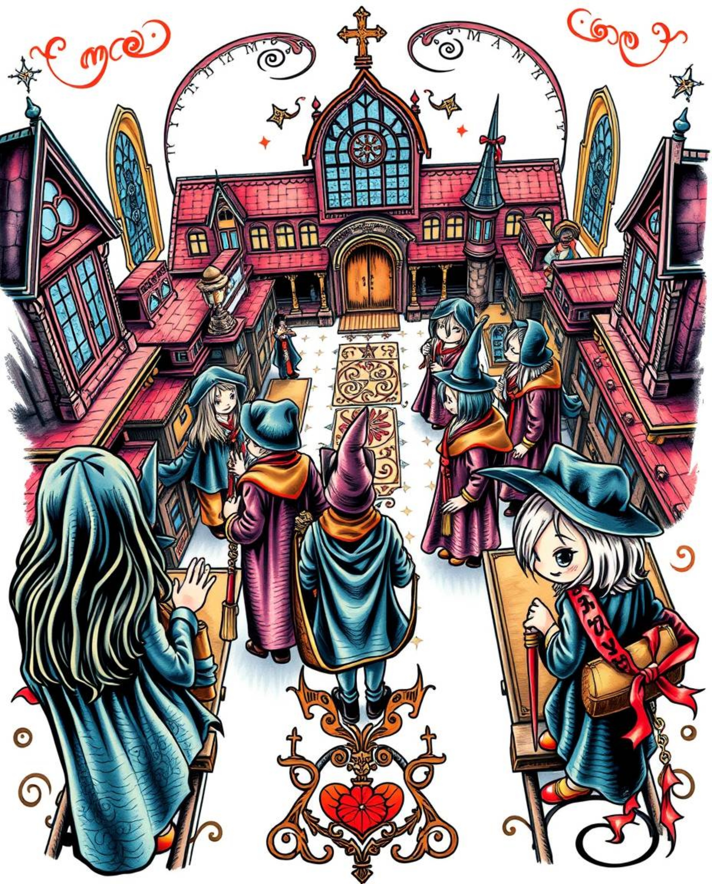 Discover stunning traditional tattoo art prints featuring a whimsical magical school brimming with young wizards. This high-