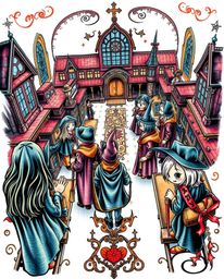 Discover stunning traditional tattoo art prints featuring a whimsical magical school brimming with young wizards. This high-