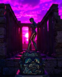 A cast bronze sculpture, bathed in deep ultraviolet hues, depicts a sunset casting shadows through ancient stone ruins. The p