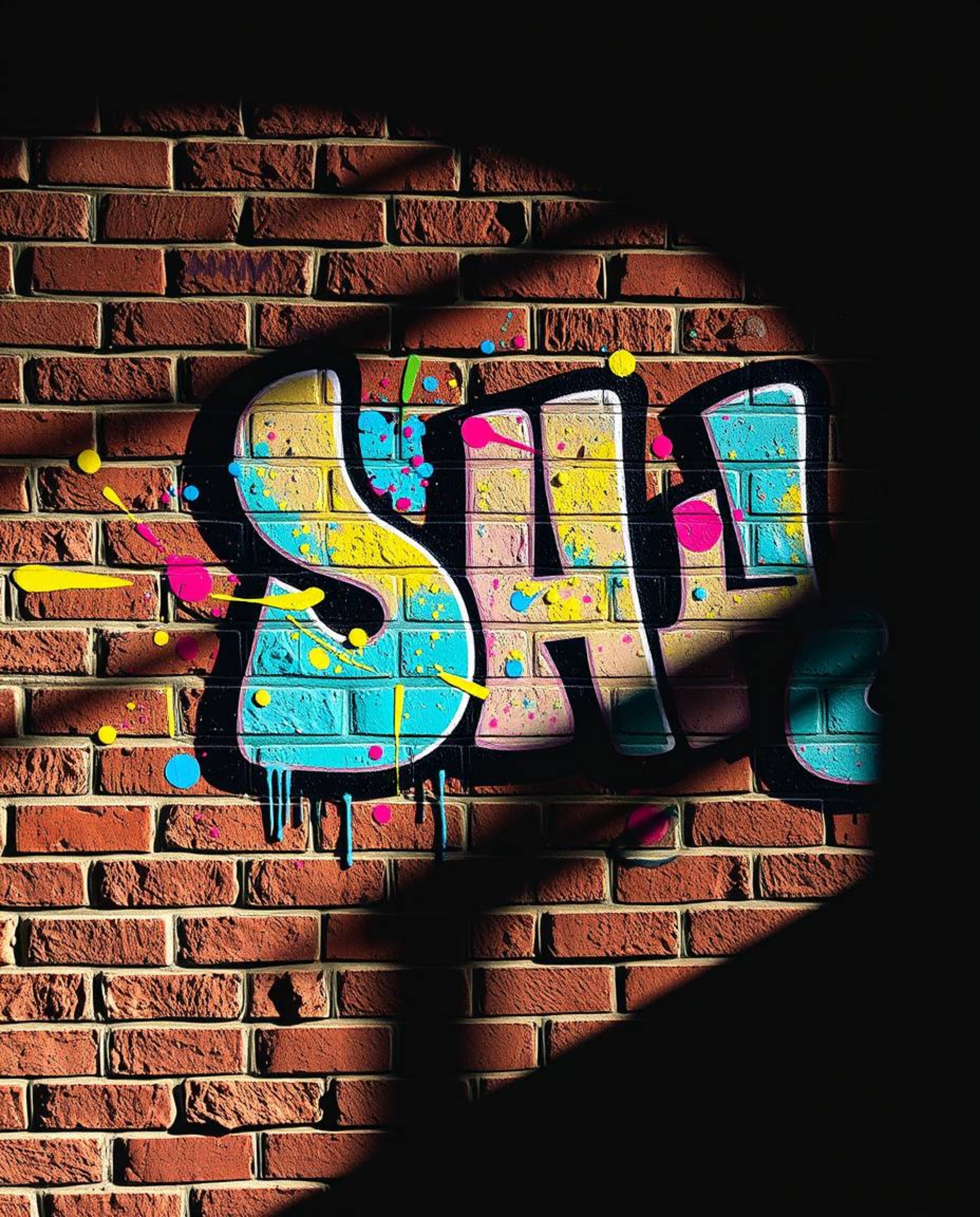 Capture the dynamic energy of street art with this image of graffiti-style colorful splashes on a brick wall. Bright vibrant 