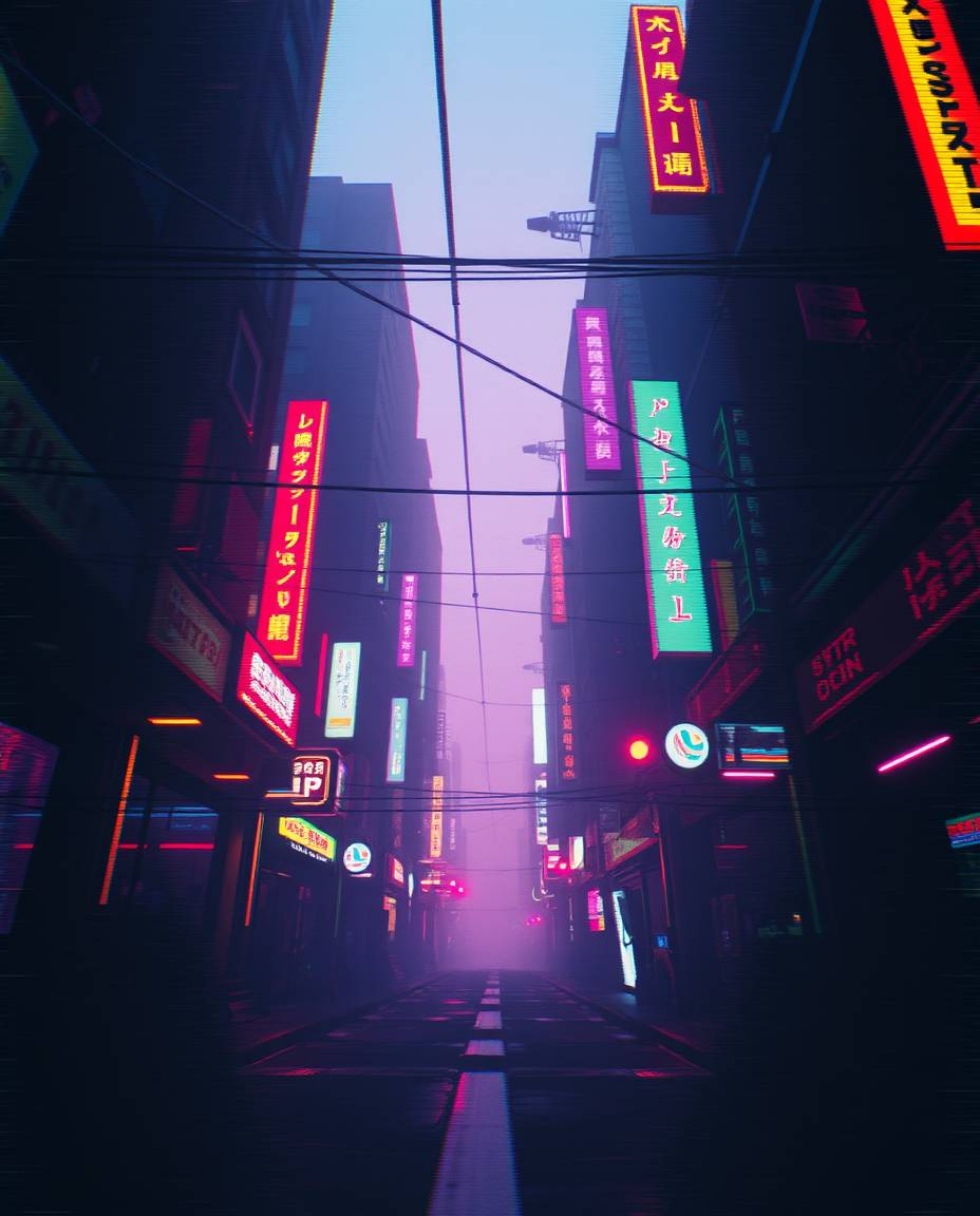 A dramatic low-angle, pixelated glitch art image depicts a vibrant cyberpunk street scene bathed in neon haze.  The randomize