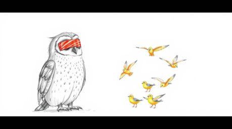 A heartwarming hand-drawn sketch in the style of Pixar depicts a blind owl with soft, feathery texture, calmly seated against