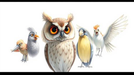 A heartwarming scene unfolds where a blind, elderly owl with gentle brown eyes and fluffy plumage guides a diverse group of b