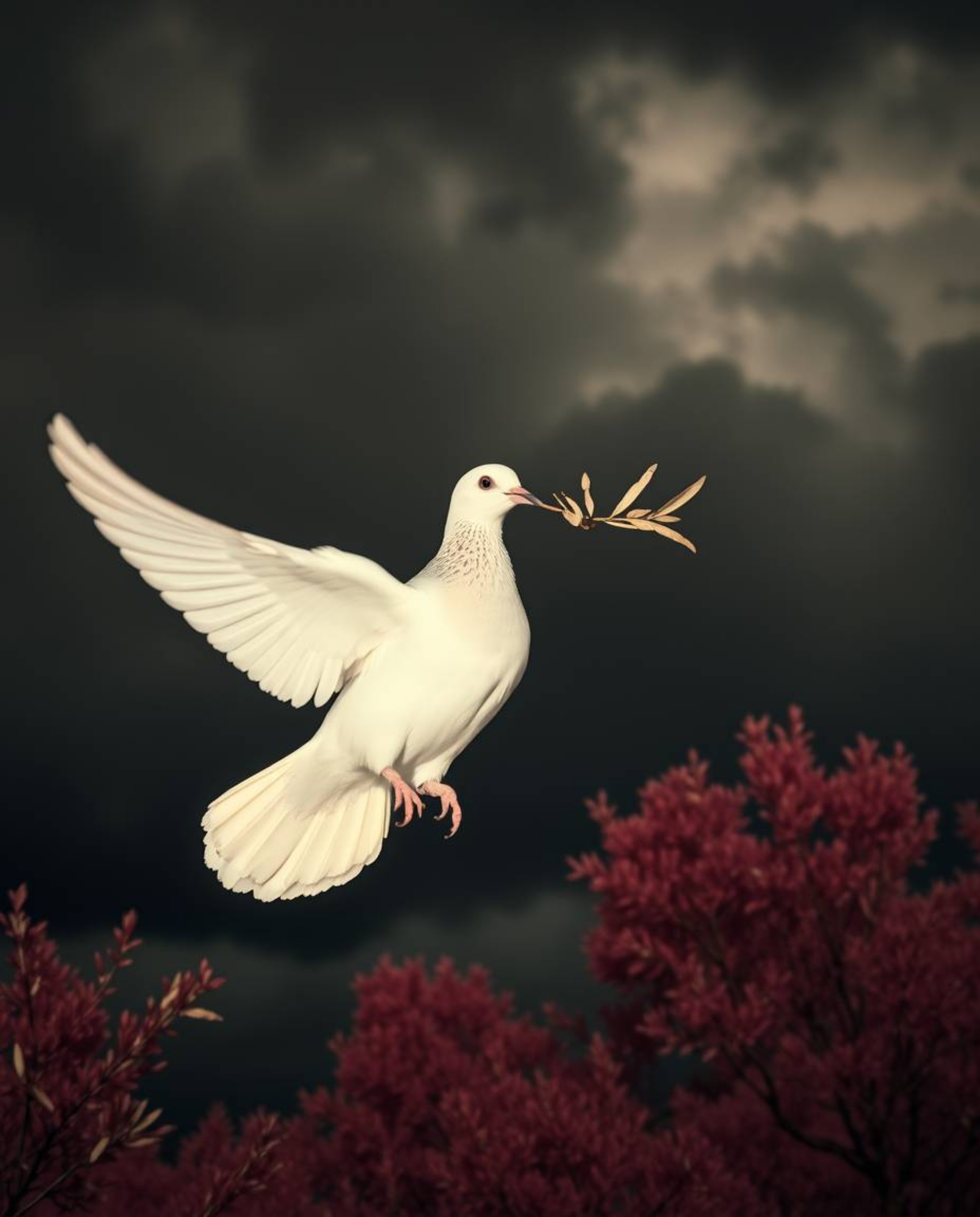 Infrared tones paint a dramatic scene as a dove, carrying an olive branch, braves a stormy sky, casting harsh shadows that em