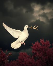 Infrared tones paint a dramatic scene as a dove, carrying an olive branch, braves a stormy sky, casting harsh shadows that em
