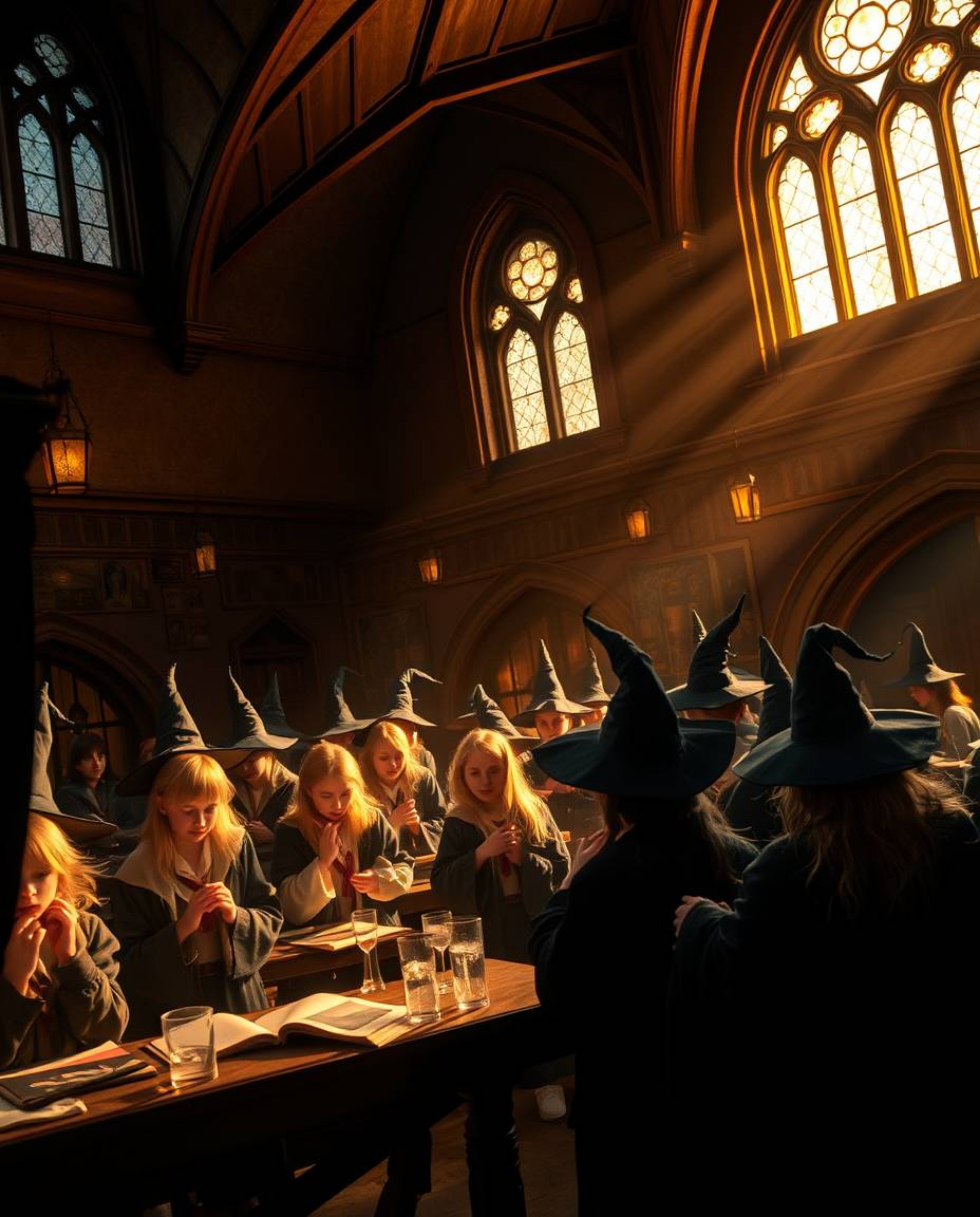 Explore a captivating magical school brimming with young wizards, bathed in a warm golden glow and dramatically lit with high