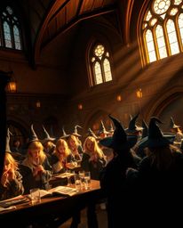 Explore a captivating magical school brimming with young wizards, bathed in a warm golden glow and dramatically lit with high