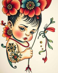 A captivating traditional tattoo art print featuring a close-up of a child with dark features holding a vibrant balloon.  The