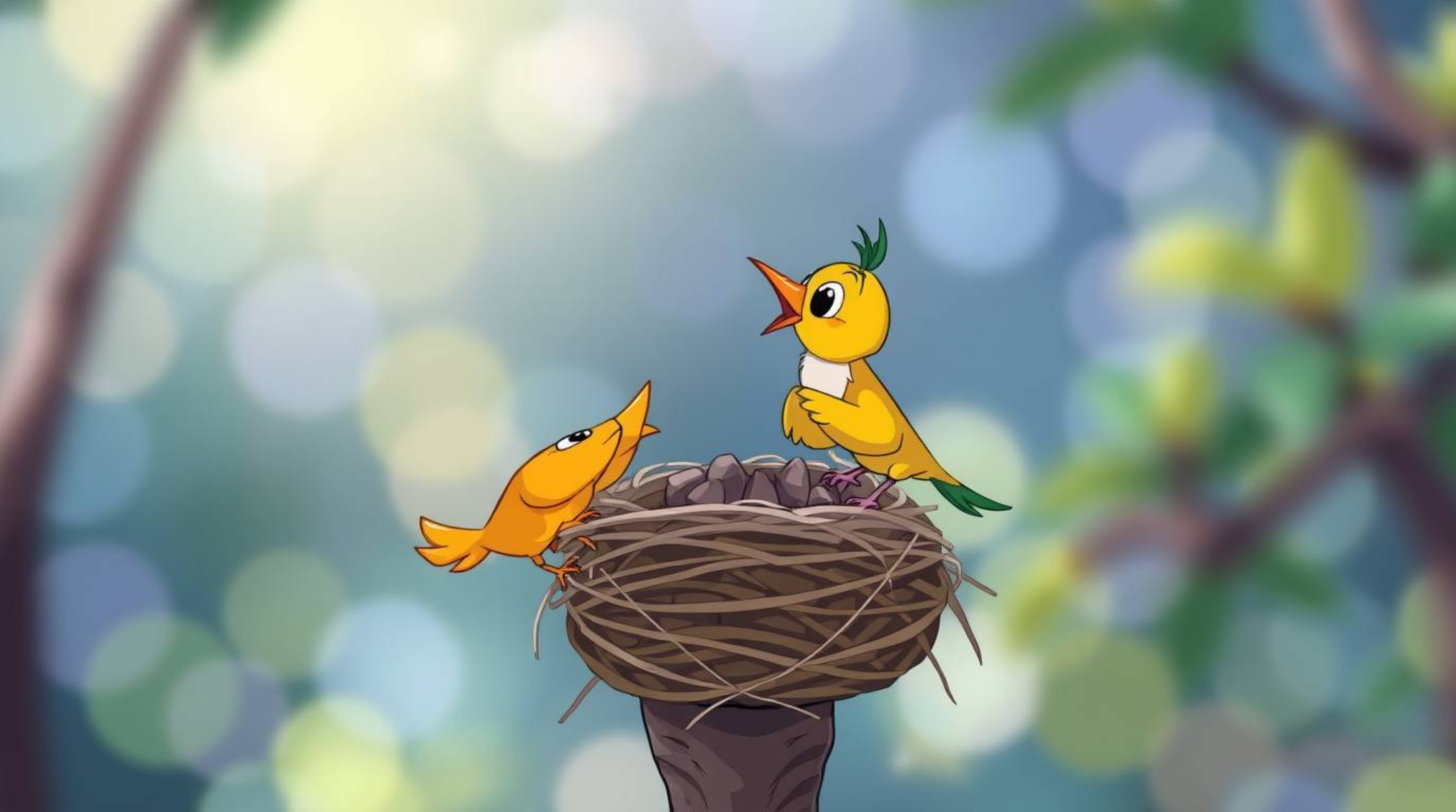 Delightful animation featuring two cartoon birds diligently constructing their nest.  The scene is rendered in a classic anim