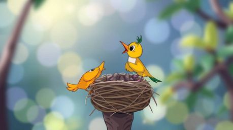 Delightful animation featuring two cartoon birds diligently constructing their nest.  The scene is rendered in a classic anim