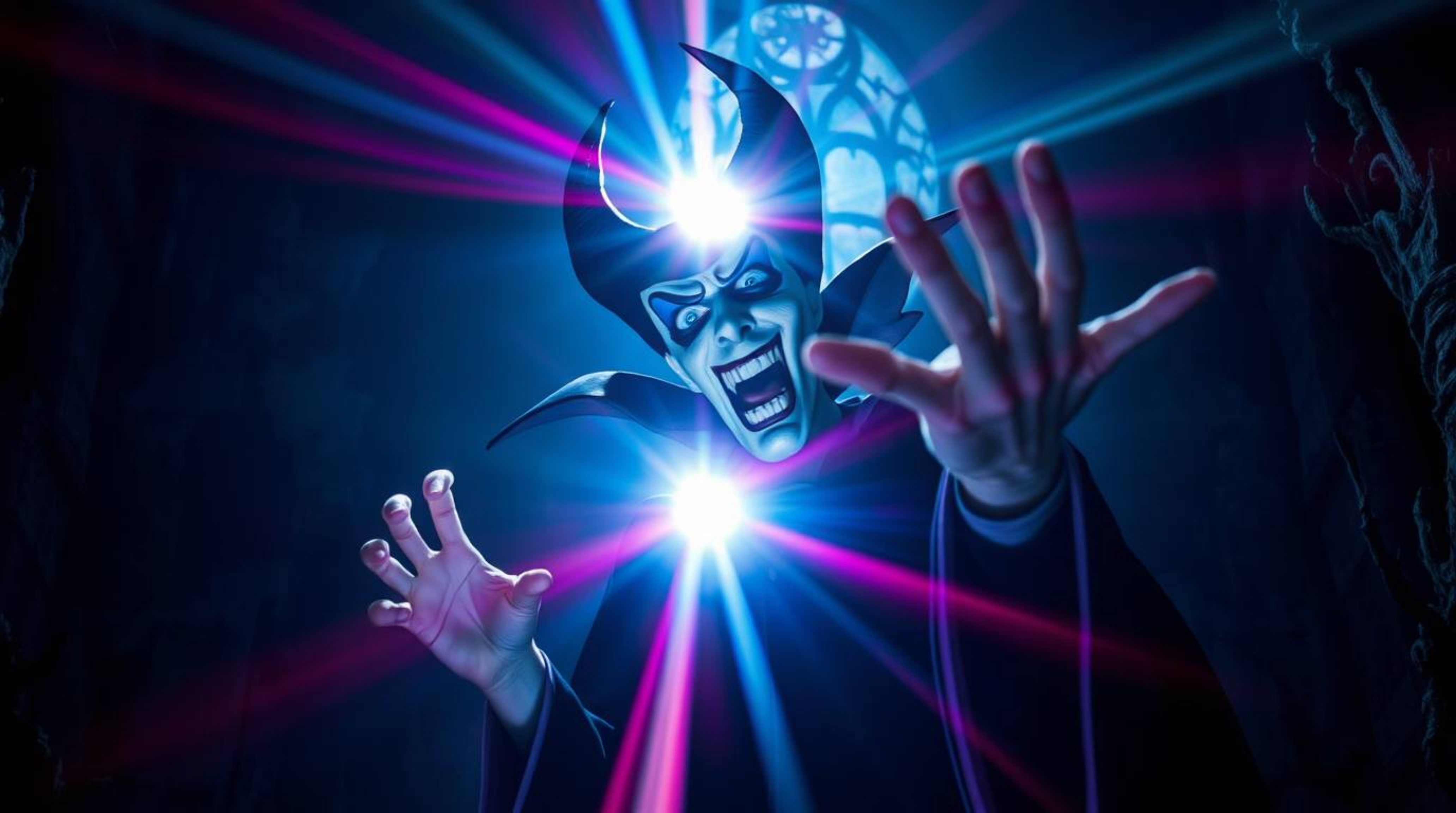 A captivating photograph depicting a classic Disney villain with exaggerated features casting a spell within a decaying castl