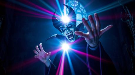 A captivating photograph depicting a classic Disney villain with exaggerated features casting a spell within a decaying castl