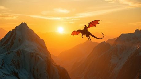 A breathtaking scene unfolds as warm golden hour light illuminates a dragon and its rider soaring above vibrant, electric-col