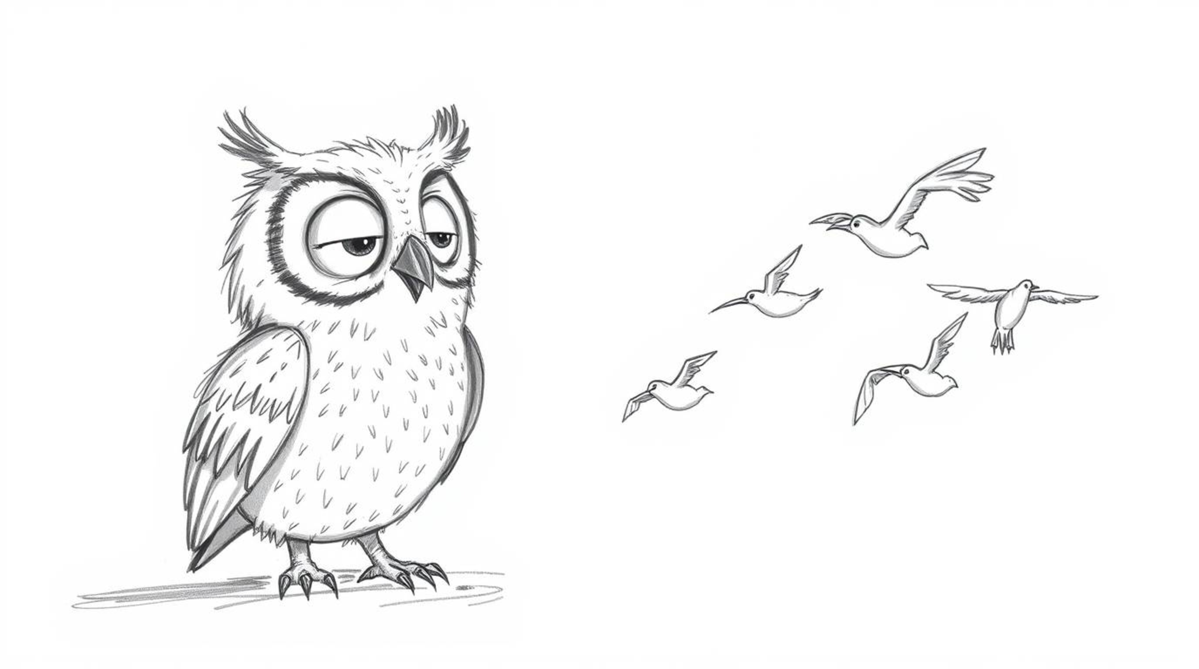 A heartwarming hand-drawn sketch in the style of Pixar depicts a blind owl with expressive eyes, using its keen senses of sme