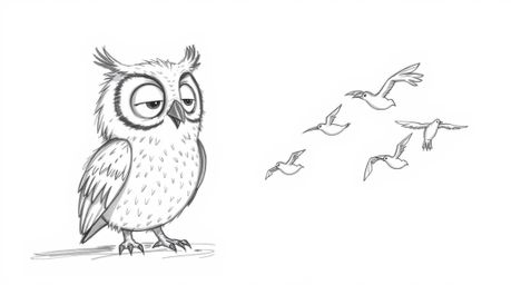 A heartwarming hand-drawn sketch in the style of Pixar depicts a blind owl with expressive eyes, using its keen senses of sme