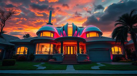 Experience an epic wide-angle shot of a futuristic alien home seamlessly integrated into a suburban setting. This image showc