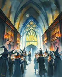 A delicate watercolor painting depicts a magical school brimming with young wizards, brought to life with intense dramatic li