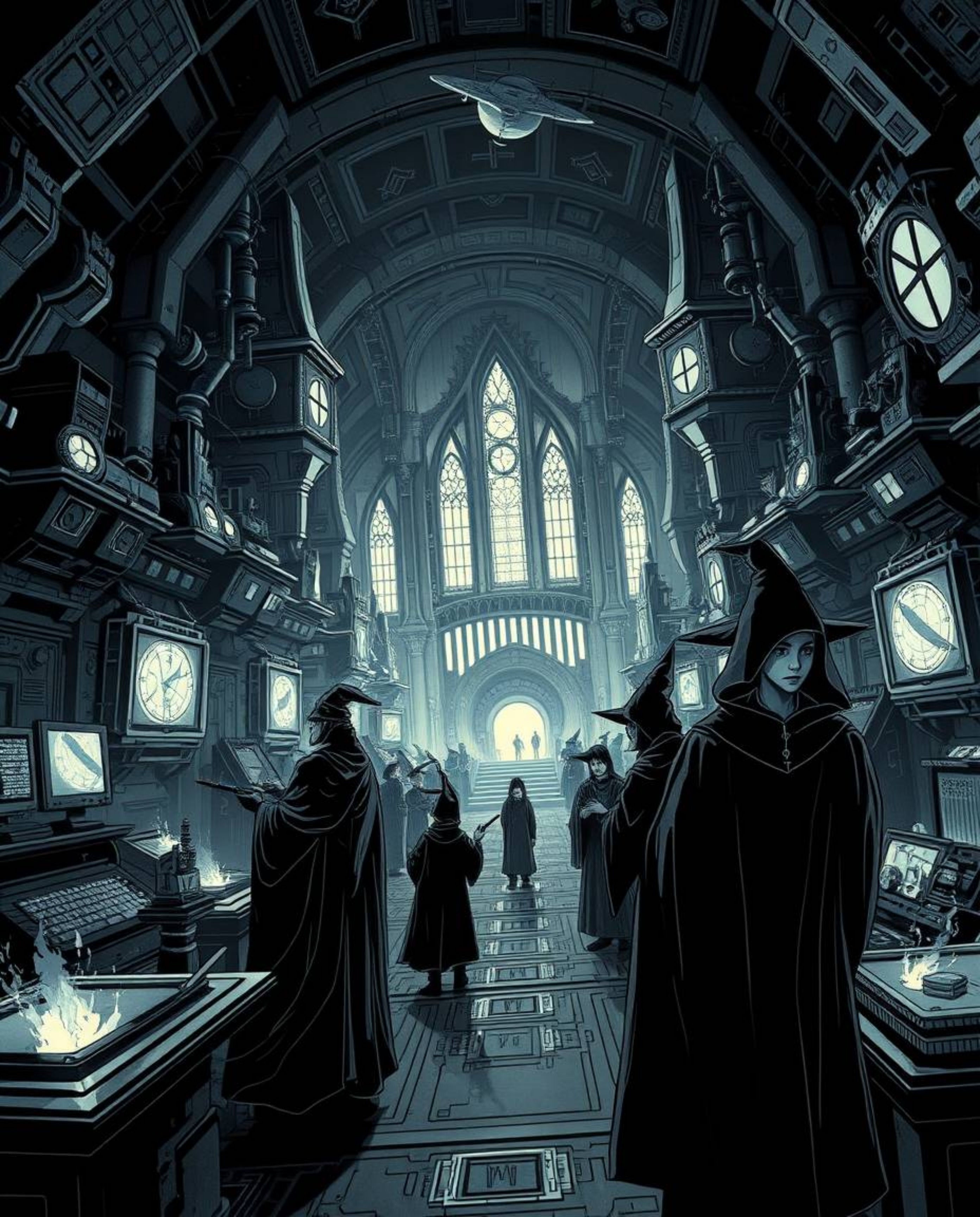 Explore a captivating jet black, futuristic sci-fi illustration depicting a magical school teeming with young wizards and adv