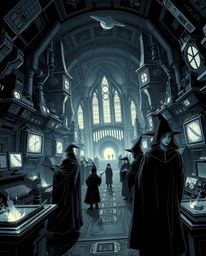 Explore a captivating jet black, futuristic sci-fi illustration depicting a magical school teeming with young wizards and adv