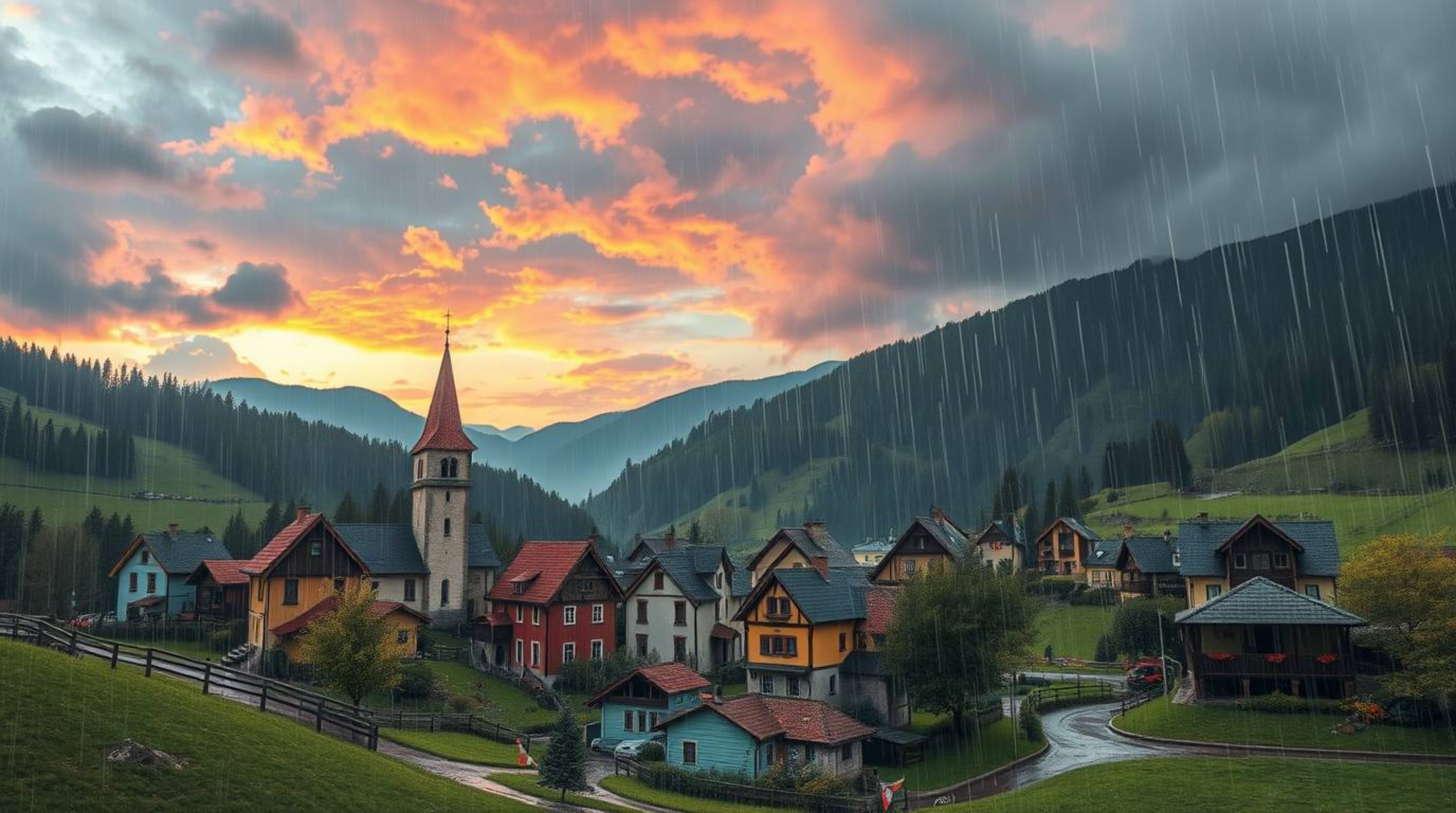 Discover a charming image of a cozy village nestled in a picturesque valley.  The scene is bathed in the soft glow of a color
