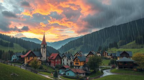 Discover a charming image of a cozy village nestled in a picturesque valley.  The scene is bathed in the soft glow of a color