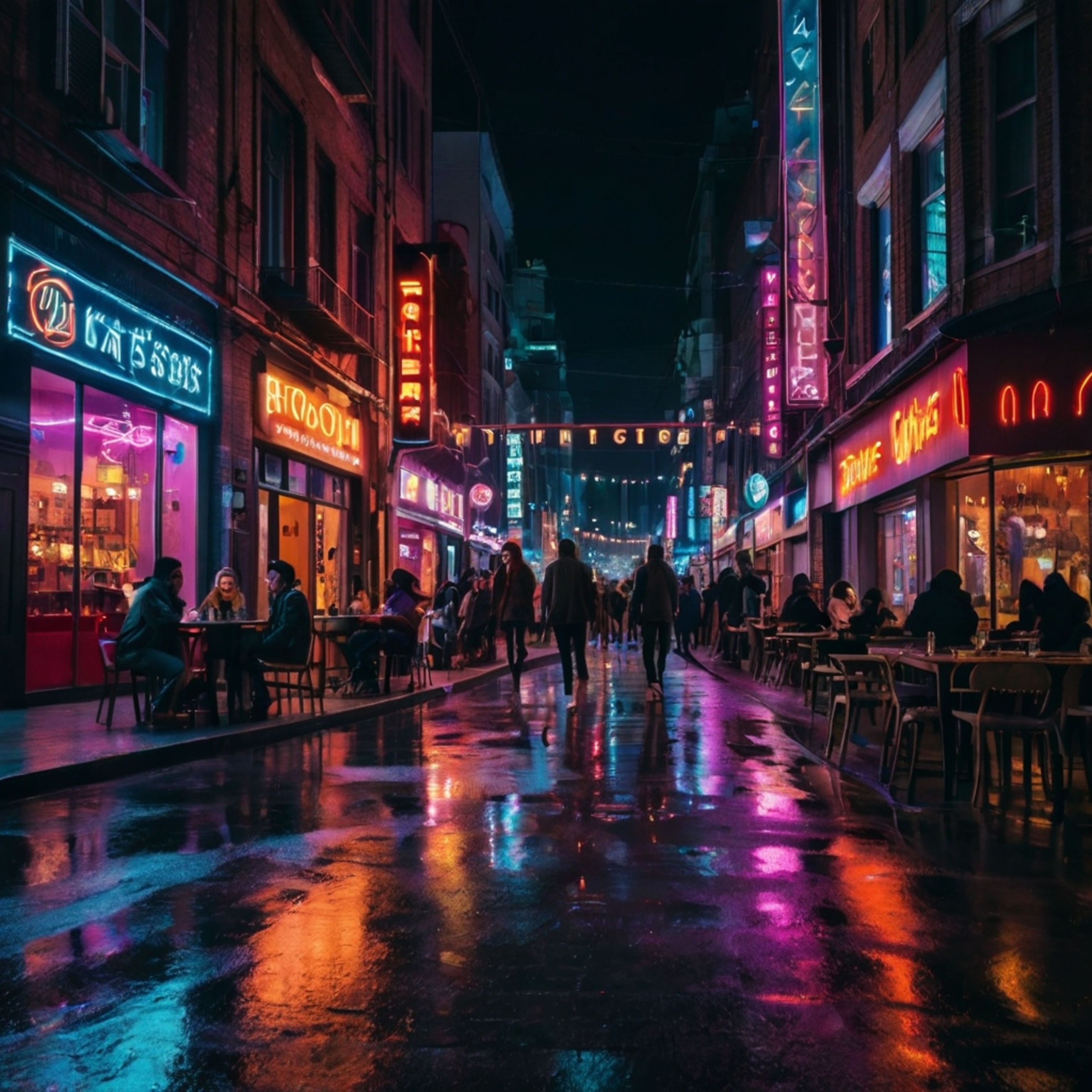Experience the electric energy of this vibrant city district, where neon lights illuminate bustling streets lined with high-e