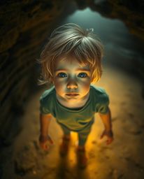 A captivating high-angle, long-exposure photograph depicts a child with freckles and blonde hair venturing into a cave, guide