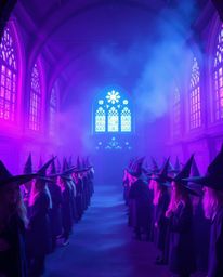 Step into a magical school teeming with young wizards, bathed in a dreamy ultraviolet atmosphere. The scene is illuminated wi