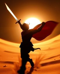 Experience a thrilling Disney-style desert adventure featuring a brave hero silhouetted against a brilliant light source. Thi