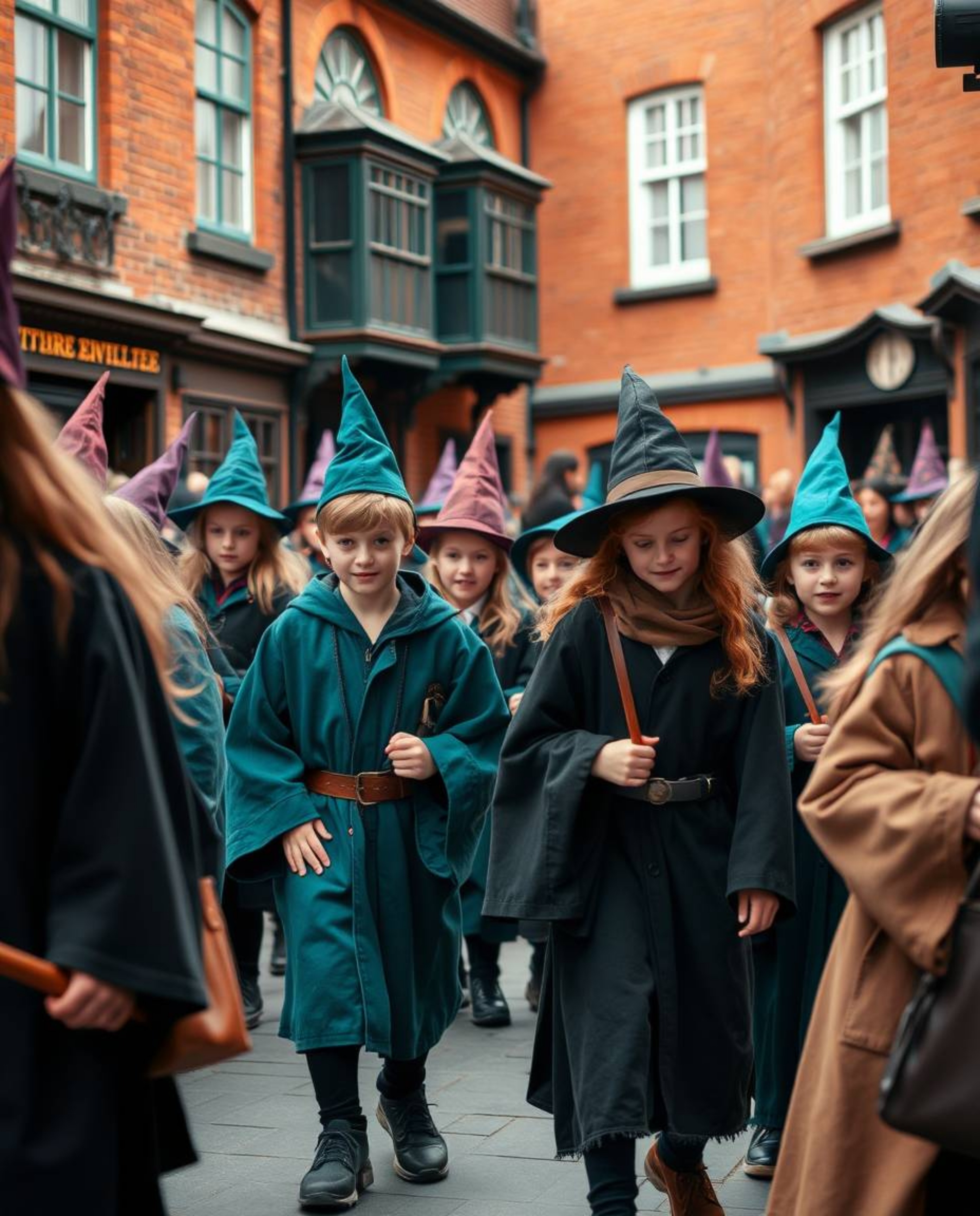 Capture the magic of a school filled with young wizards in urban settings through warm terracotta and cool teal candid street