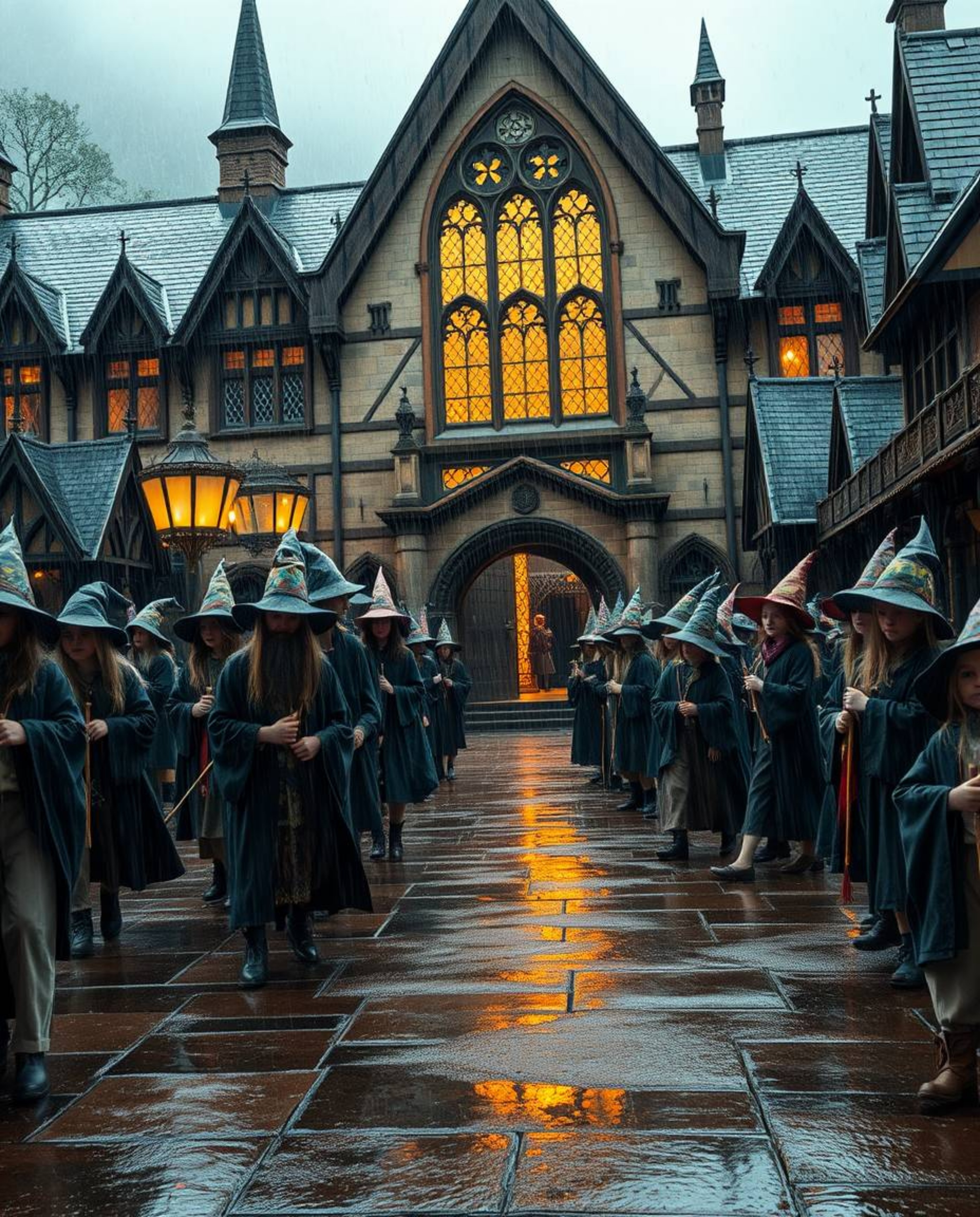 Immerse yourself in a magical school brimming with young wizards, depicted on an epic scale with natural earth tones of brown