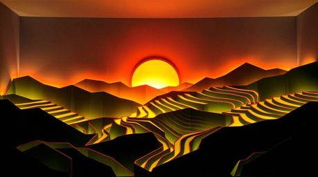 Experience the breathtaking beauty of a sunset over mountainous rice terraces, creatively depicted in an intricate origami st