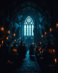 Immerse yourself in a magical school setting, where young wizards learn their craft amidst intense jet black backdrops and de