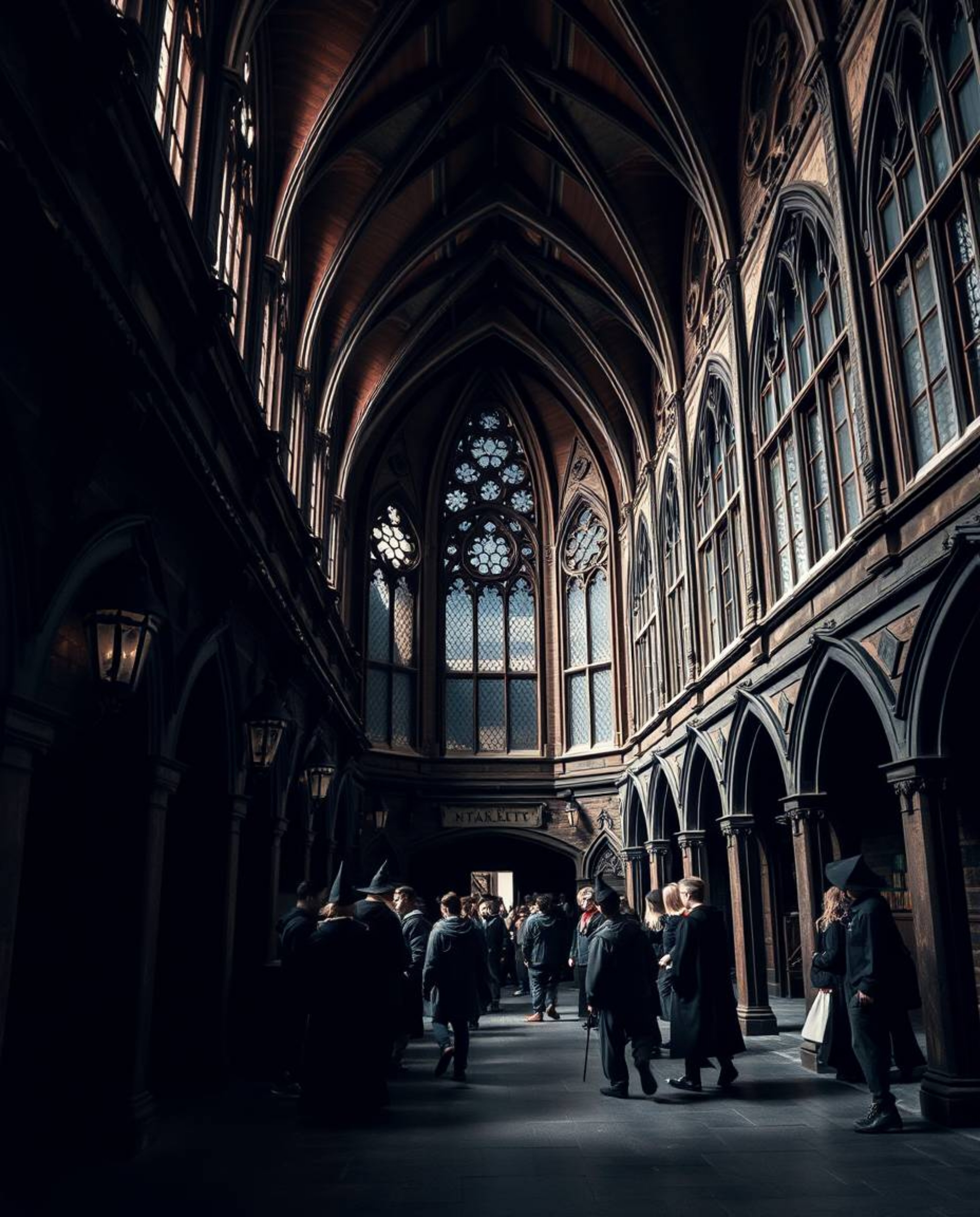 Capture the enchanting atmosphere of a magical school filled with young wizards through a high-contrast, low-key architectura