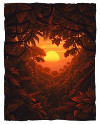 A beautiful high-angle perspective illustration capturing a sunset through a dense jungle canopy. This artwork is rendered in