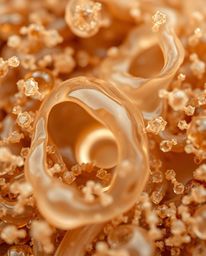 Explore a world of extreme macro close-ups showcasing glassy, fluid 3D shapes in motion against natural earth tones like brow