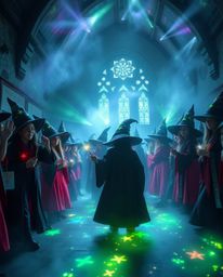 Immerse yourself in a magical school filled with young wizards, radiating an ethereal spiritual vibe and captivating biolumin