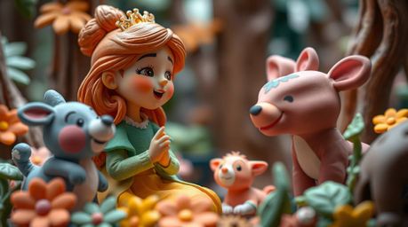 This collection showcases sculptural clay art depicting a princess singing with forest animals in a charming vintage 2D anima