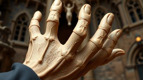 An extreme close-up reveals a meticulously sculpted clay hand belonging to a classic Disney villain.  The detailed modeling s