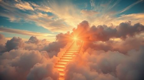 A captivating photograph showcases a winding stairway constructed from smoke and light, ascending gracefully into a vast, clo
