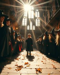 Experience the enchanting allure of a magical school teeming with young wizards, captured from a captivating low angle perspe